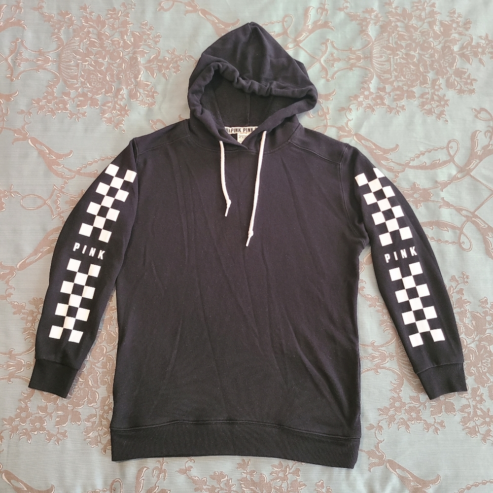 Victoria's Secret PINK Checkered Campus Pullover Hoodie Black White Size XS